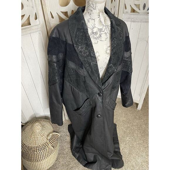 Vintage 80s Outbrook Leather Trench Coat Car Jacket Navajo Tribal Size 2XL - Picture 1 of 10